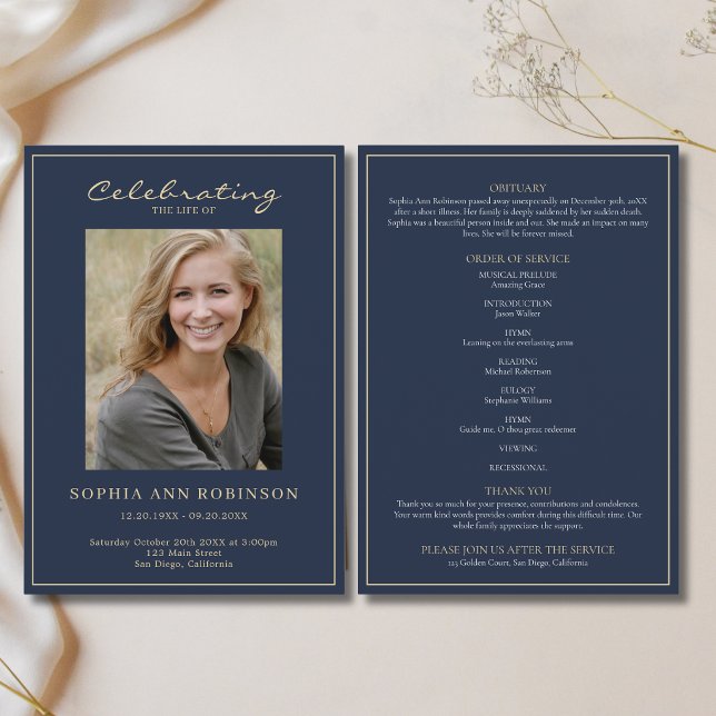 Photo Memorial Order Of Service Gold Blue Program (Creator Uploaded)