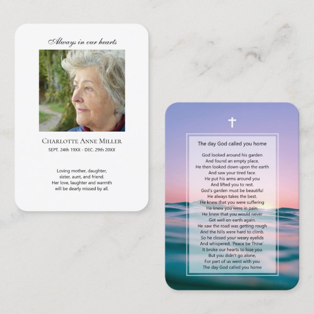 Photo memorial pastel ocean prayer card (Front/Back)
