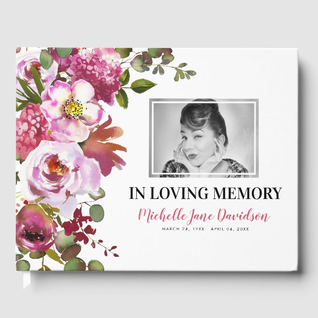 Photo Memorial Pink Floral Funeral Guest Book (Front)