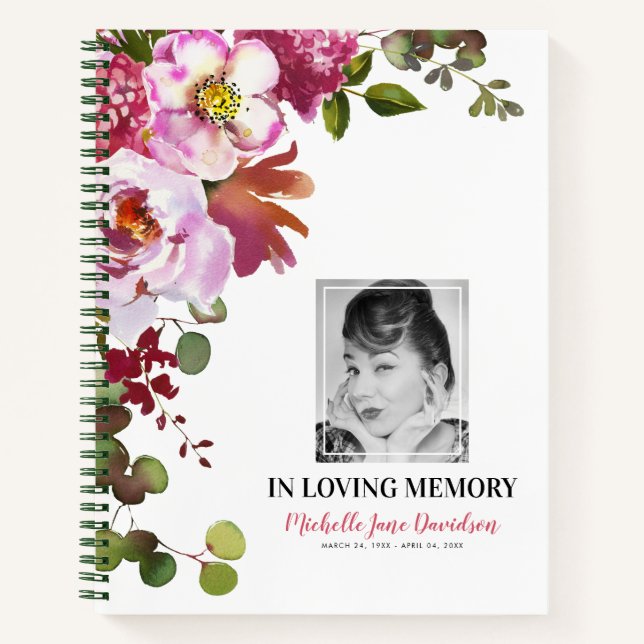 Photo Memorial Pink Floral Funeral Guest Book (Front)