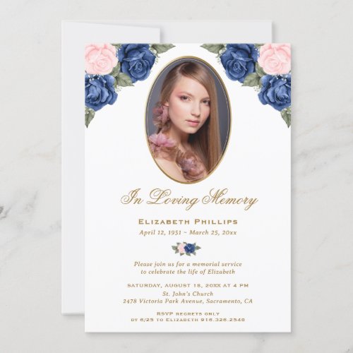 Photo Memorial Service Blue Pink Floral Invitation