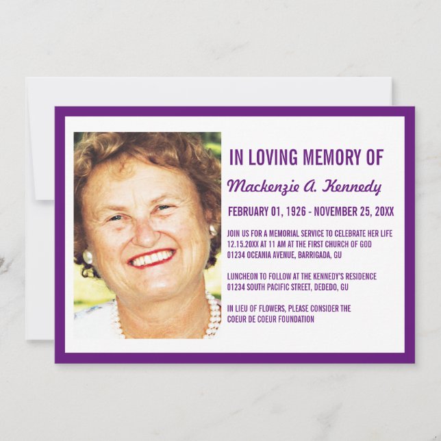 Photo Memorial Service or Funeral Invitations (Front)