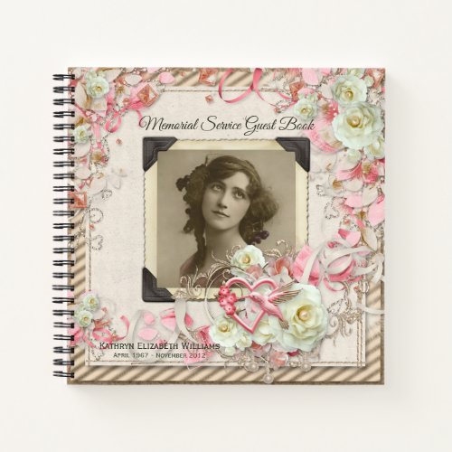 Photo Memorial Service Roses Pearls Guest Book