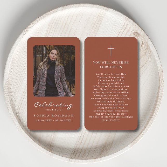 Photo Memorial Terracotta Burnt Orange Prayer Card (Creator Uploaded)