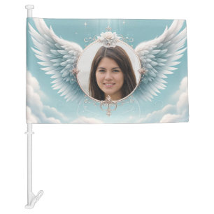 Photo Memorial with Angel Wings & Clouds Car Flag