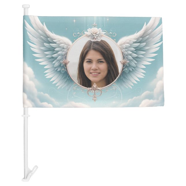 Photo Memorial with Angel Wings & Clouds Car Flag (Front)