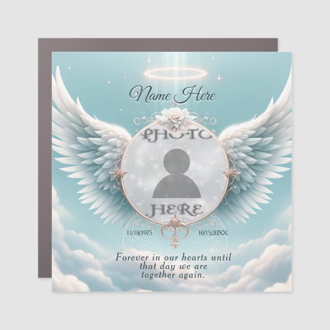 Photo Memorial with Angel Wings & Clouds Car Magnet (Front)
