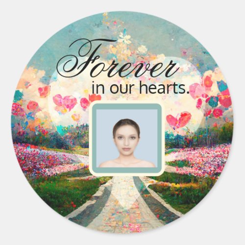 Photo Memorial with Heart and Flowers Heart Sticke Classic Round Sticker