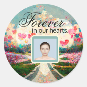 Photo Memorial with Heart and Flowers Heart Sticke Classic Round Sticker