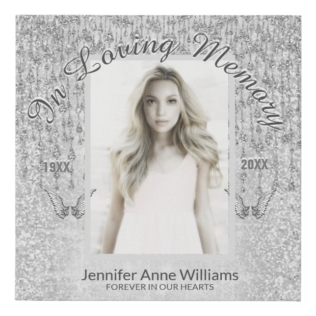 Photo Memorial with Silver Angel Tears Faux Canvas Print (Front)