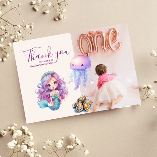 Photo Mermaid 1st Birthday Party ONEder The Sea  Thank You Card
