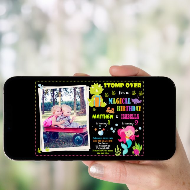 Photo Mermaid and Dinosaur birthday invitation (Front Digital)