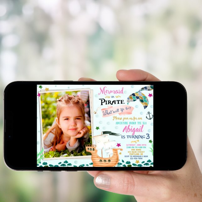 Photo Mermaid and Pirate birthday invitation (Front Digital)