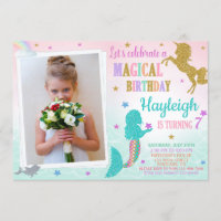 Photo Mermaid and Unicorn birthday invitation