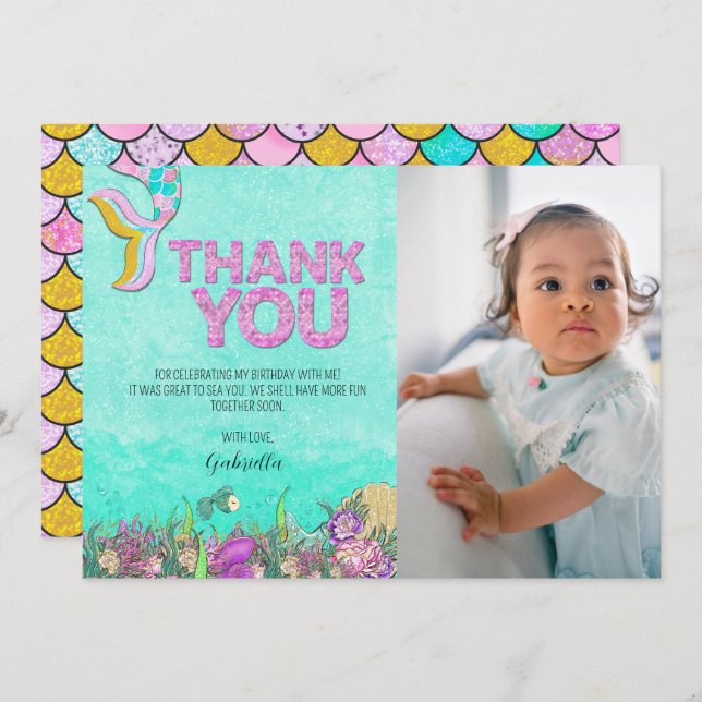 Photo Mermaid Birthday Thank You Card (Front/Back)