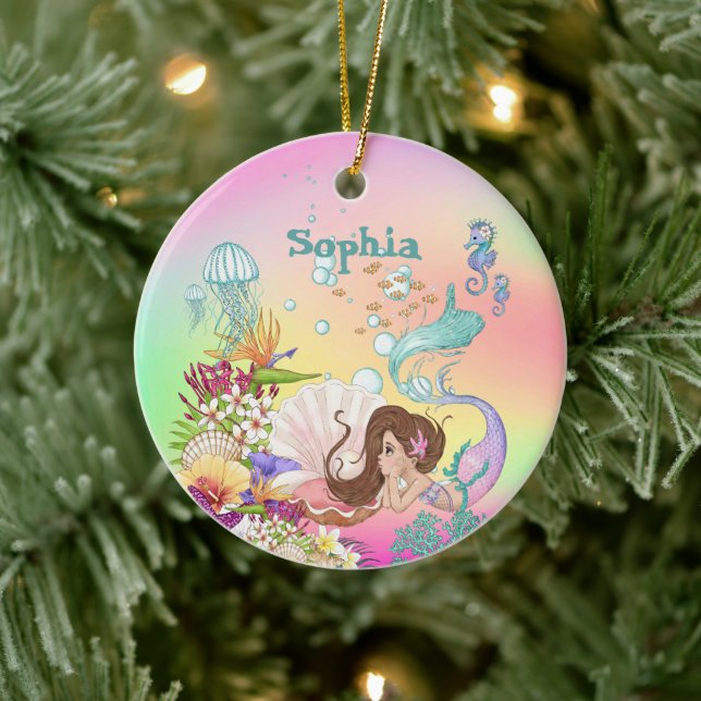 Photo Mermaid Dark Hair Pink Blue Cute Rainbow Ceramic Ornament (Tree)