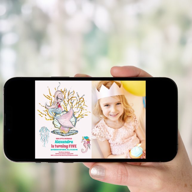 Photo Mermaid Gold Glitter Birthday Party Invitation (Front Digital)