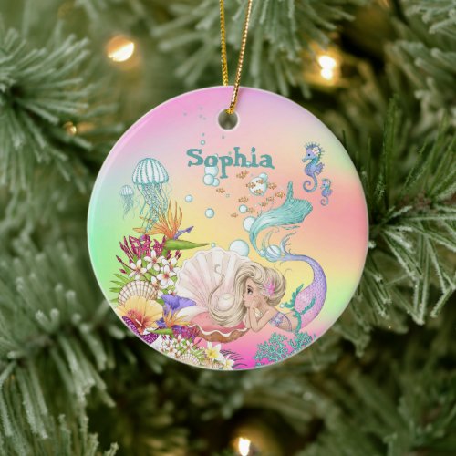 Photo Mermaid Pink Blue Cute Rainbow Ceramic Ornament