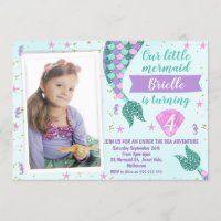 Photo mermaid Tail teal Birthday invitation