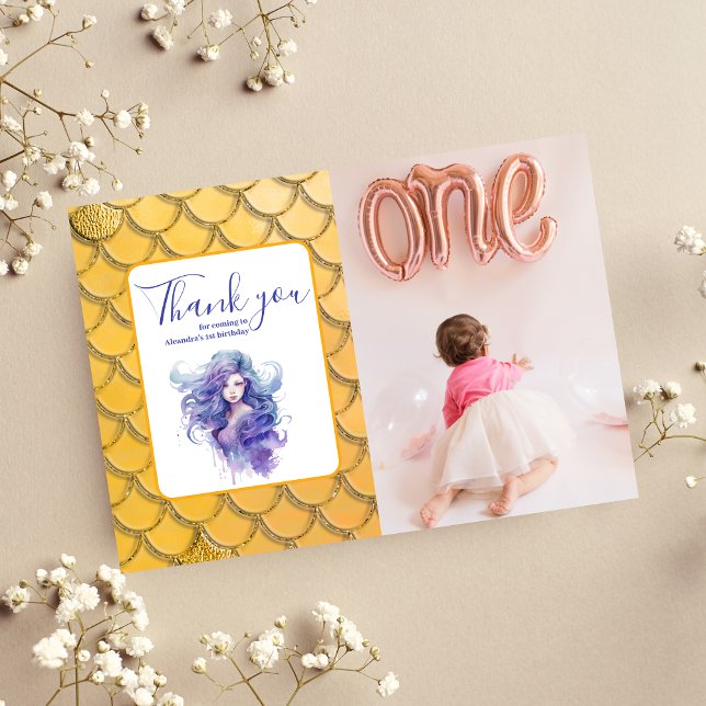 Photo Mermaid Under the Sea Gold Glitter Birthday  Thank You Card (Creator Uploaded)