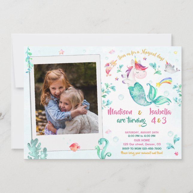 Photo mermicorn birthday invitation for two Girls (Front)