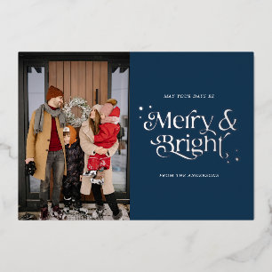 Photo Merry and Bright Blue Silver Christmas Foil Holiday Card