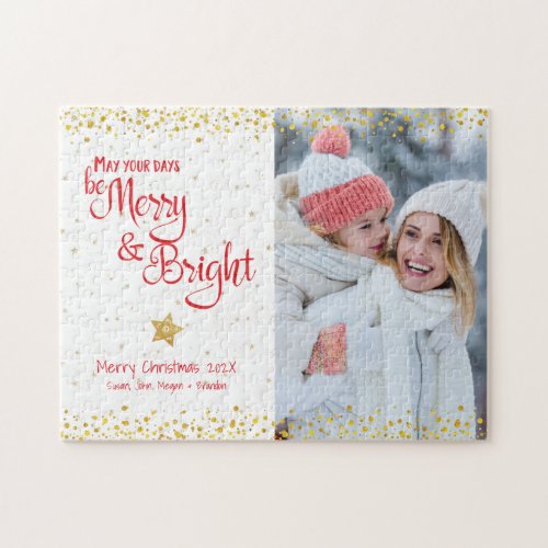 Photo Merry Bright Script Gold Glitter Red Holiday Jigsaw Puzzle