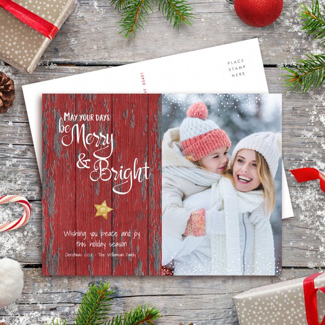 Photo Merry Bright Script Star Red Rustic Wood Holiday Postcard (Creator Uploaded)