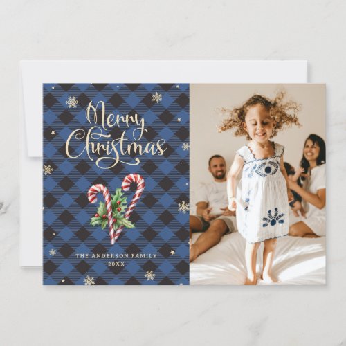 Photo Merry Christmas Candy Cane Snowflakes Plaid Holiday Card