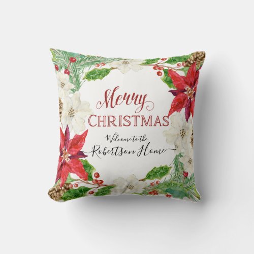 PHOTO Merry Christmas Floral Wreath Holly Foliage Throw Pillow