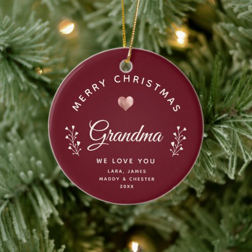 Photo Merry Christmas Grandma Rose Gold Maroon Ceramic Ornament