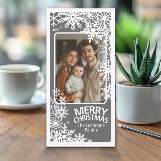 Photo - Merry Christmas - Gray Snowflakes Holiday Card (Classic Christmas Photo Card)