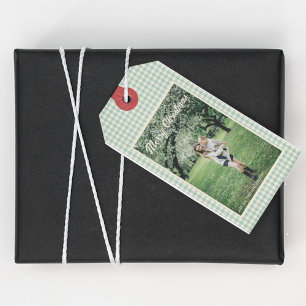 Photo Merry Christmas Green Plaid Gingham Rustic  Gift Tags