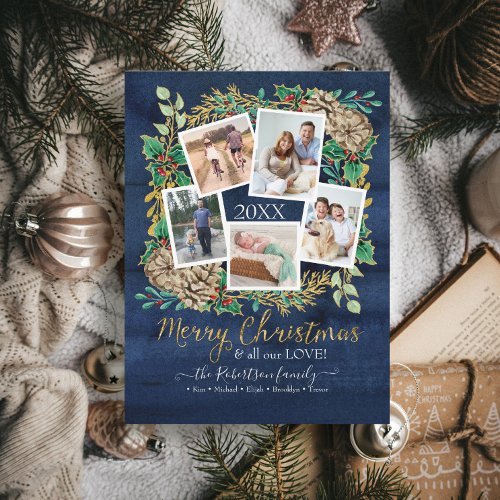 PHOTO Merry Christmas Greenery Wreath Navy Wood Holiday Card