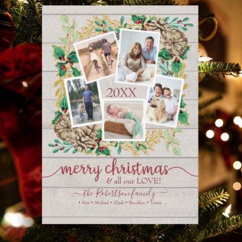 PHOTO Merry Christmas Greenery Wreath Watercolor Holiday Card