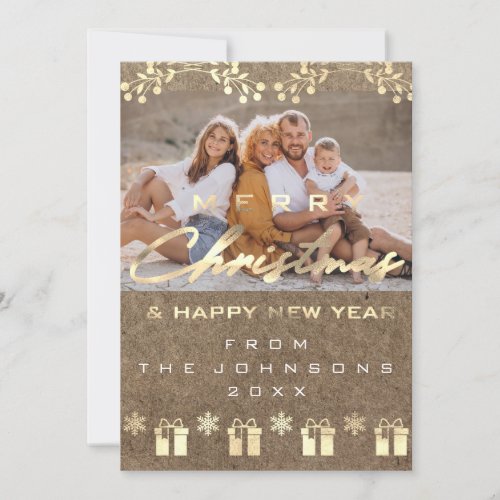 Photo Merry Christmas Happy Kraft Gold Gift Holiday Card