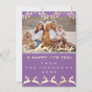 Photo Merry Christmas Happy Kraft Gold Purple Holiday Card