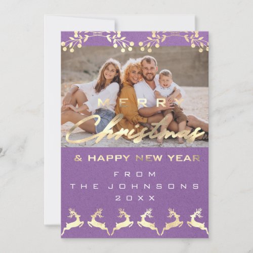 Photo Merry Christmas Happy Kraft Gold Purple Holiday Card