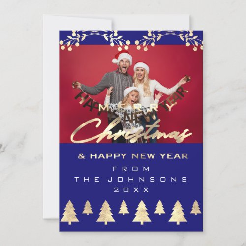 Photo Merry Christmas Happy New Year Blue Gold Holiday Card