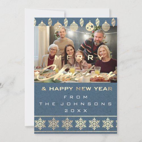 Photo Merry Christmas Happy New Year Blue Holiday Card