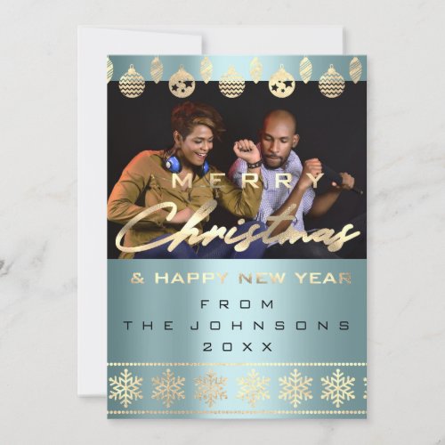 Photo Merry Christmas Happy New Year Blue Holiday Card