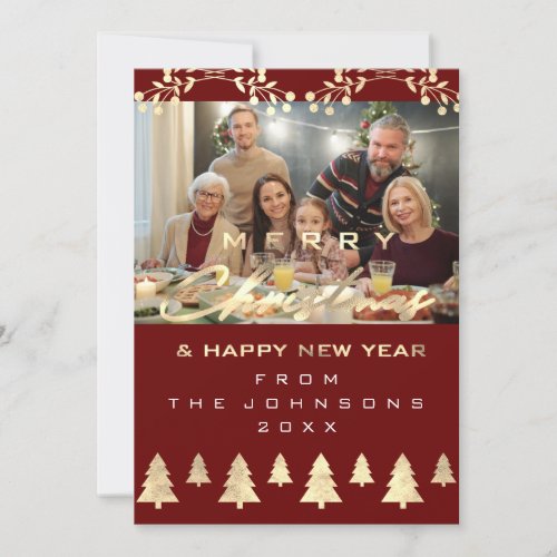 Photo Merry Christmas Happy New Year Burgundy Gold Holiday Card