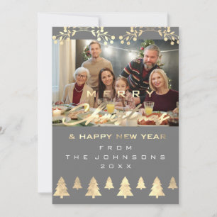 Photo Merry Christmas Happy New Year Gray Gold Holiday Card