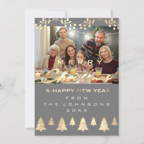 Photo Merry Christmas Happy New Year Gray Gold Holiday Card
