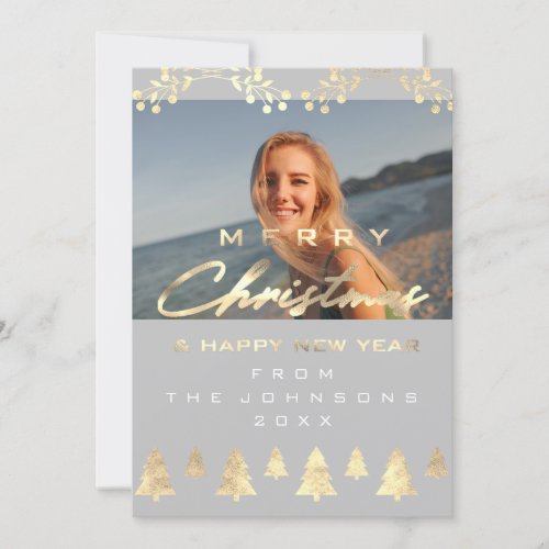 Photo Merry Christmas Happy New Year Grey Gold Holiday Card