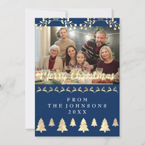 Photo Merry Christmas Happy New Year Navy Gold Holiday Card