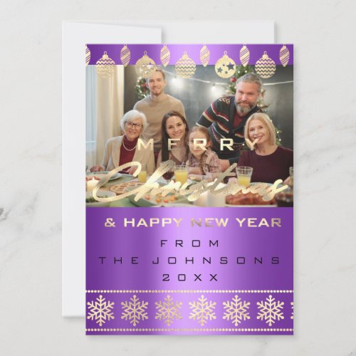 Photo Merry Christmas Happy New Year Purple Holiday Card