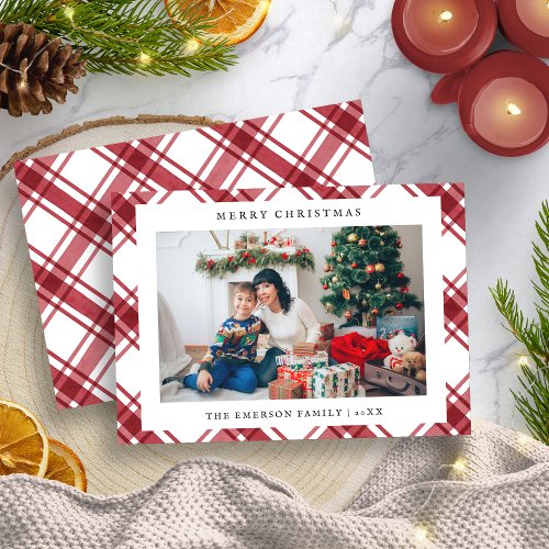 Photo Merry Christmas Plaid Flat Holiday Card