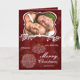 Photo Merry Christmas Red Stars White Ornaments Holiday Card