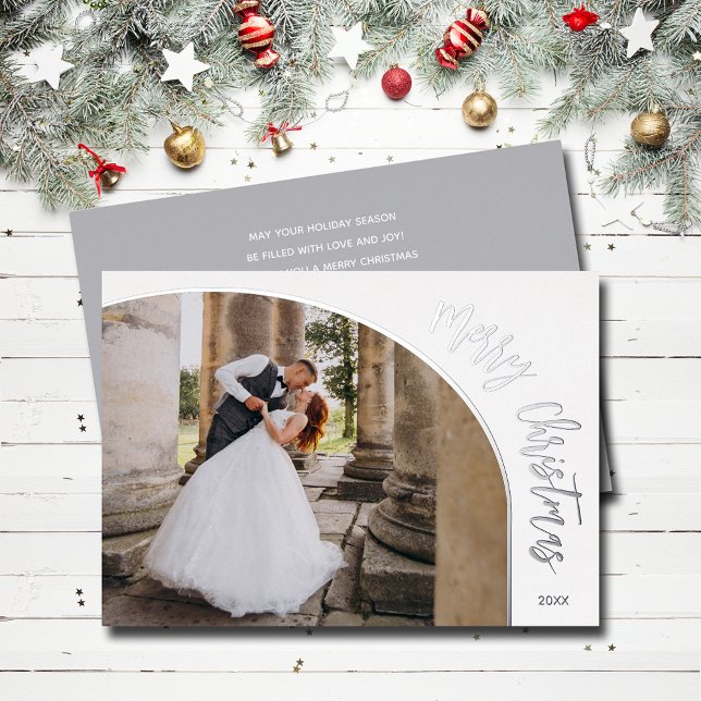 Photo Merry Christmas Script Silver Foil Holiday Card (Merry Christmas REAL silver foil holiday photo cards)